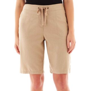 Per Se Linen Blend Bermuda Shorts   Plus, Khaki, Womens
