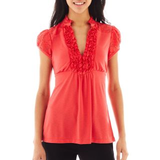 Heart N Soul Heart & Soul Short Sleeve Lace Inset Ruffled Top, Red