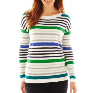 LIZ CLAIBORNE Long Sleeve Ballet Neck Striped Sweater, Marshmallow Multi