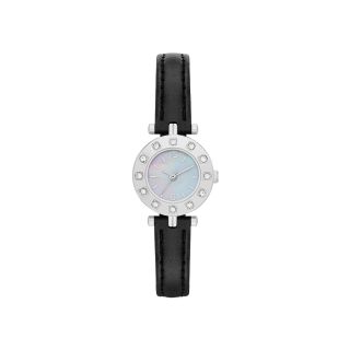 Womens Crystal Accent Bezel Faux Leather Strap Watch, Black