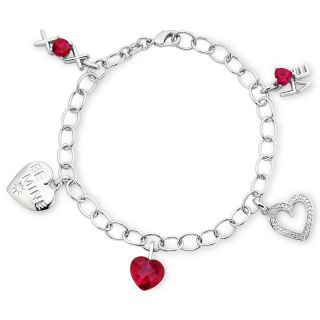 Lab Created Ruby & Diamond Accent Heart Charm Bracelet, Womens