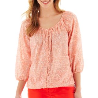 St. Johns Bay St. John s Bay 3/4 Sleeve Button Front Peasant Top   Tall, Orange