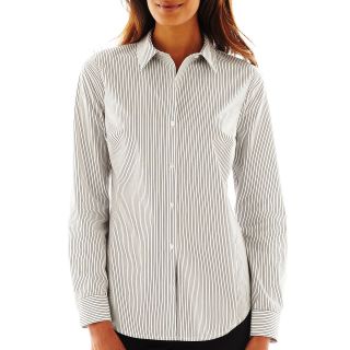 Worthington Essential Long Sleeve Button Front Shirt, Wh/charc Stripe