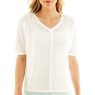 LIZ CLAIBORNE Short Sleeve Chain Sweater, White, Womens