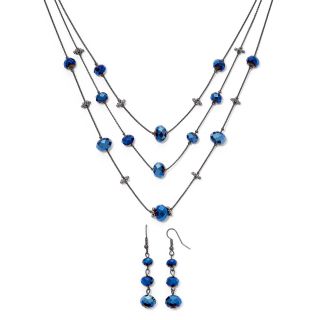 Silver Tone & Blue Bead Triple Drop Necklace & Earrings Set