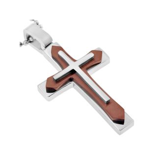 Mens Stainless Steel Cross Pendant, Brown