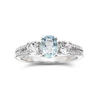Simulated Aquamarine & White Sapphire 3 Stone Ring, Womens