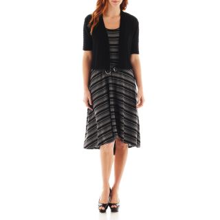 Robbie Bee Striped High Low Belted Dress with Cardigan, Black/Grey
