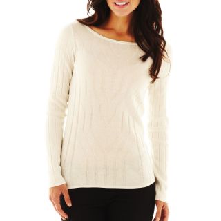 LIZ CLAIBORNE Long Sleeve Ribbed Sweater, Marshmallow, Womens