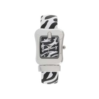 Womens Zebra Print Open Bangle Bracelet Watch, White