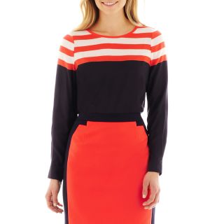 Worthington Long Sleeve Striped Blouse, Navy/coral Fling S