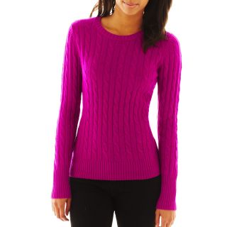 Wool Blend Cable Knit Crew Sweater   Talls, Fuchsia, Womens