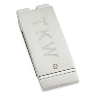 Personalized Stainless Steel and Diamond Money Clip, Silver, Mens