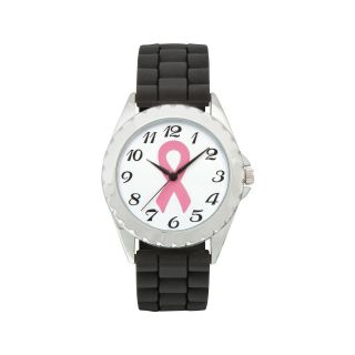 Womens Breast Cancer Pink Ribbon Rubber Strap Watch, Black