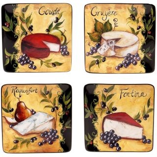 Wine & Cheese Party Set of 4 Earthenware Square Salad Plates