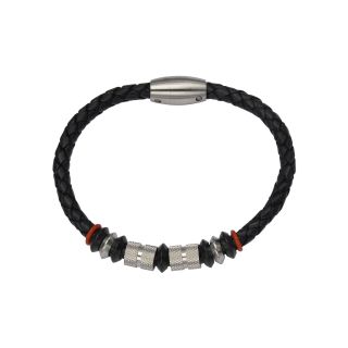 Inox Jewelry Mens Stainless Steel Bead & Black Leather Bracelet