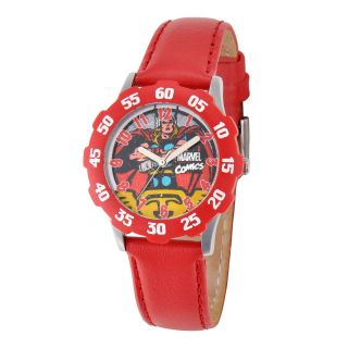 MARVEL Thor Kids Time Teacher Red Leather Strap Watch, Boys