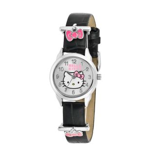 Hello Kitty Pink Bow Charm Black Leather Watch, Womens