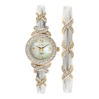 Elgin Womens Two Tone Crystal Accent Bangle Watch Set