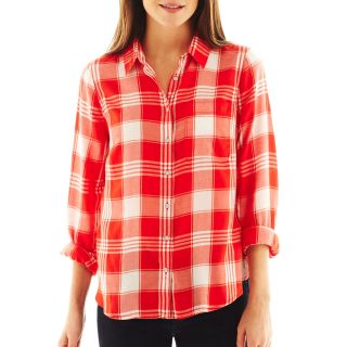 Print Button Front Long Sleeve Shirt, Red
