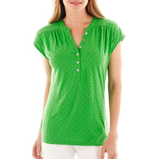 LIZ CLAIBORNE Short Sleeve Henley Tee   Tall, Green, Womens
