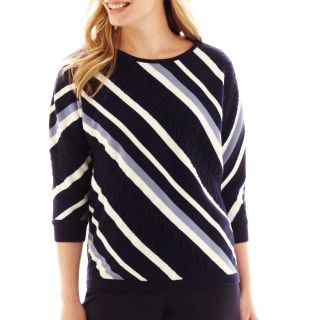 LIZ CLAIBORNE 3/4 Dolman Sleeve Diagonal Striped Sweater   Petite, Navy Pearl