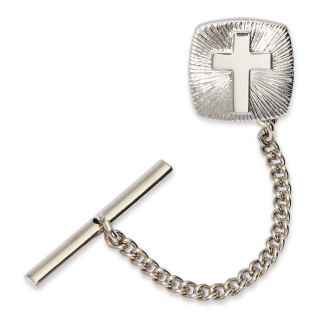 Engraved Cross Rhodium Plated Tie Tack, Silver
