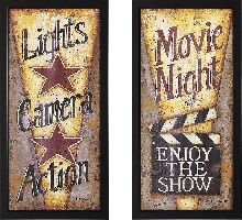 Lights, Camera, Action and Movie Night Framed Theater Wall Art Pair