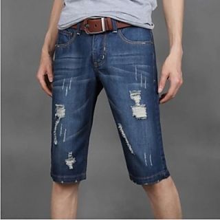 Mens Summer Casual Mid Length Jeans Ripped Denim Shorts(Belt Not Included)