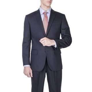 Mens Modern Fit Black Tonal Striped Wool 2 button Suit