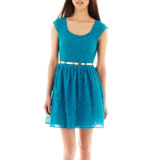 City Triangles Cap Sleeve Belted Lace Dress, Peacock