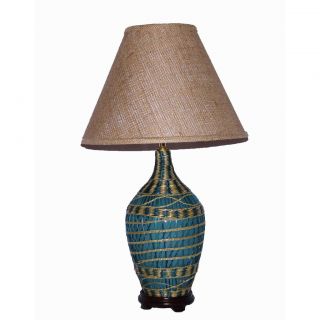 Rustic Southwestern Style Turquoise Ceramic With Basket Overlay Table Lamp With Brown Burlap Lamp Shade