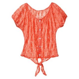 Juniors Tie Front Lace Top   Coral XLRG