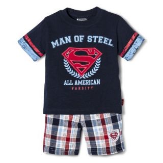 Superman Infant Toddler Boys Short Sleeve Tee and Plaid Boy Short Set   Navy 4T