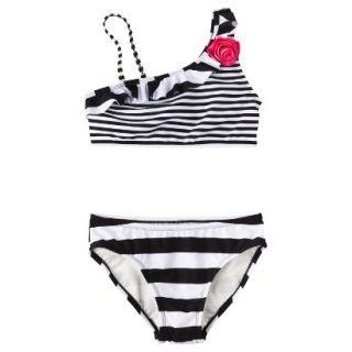 Girls 2 Piece Asymmetrical Striped Bikini Swimsuit Set   Black/White M