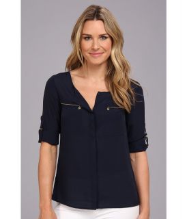 Anne Klein Zipper Pocket Shirt Womens Blouse (Navy)