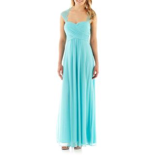 Lace Cap Sleeve Ruched Gown, Aqua