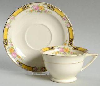 Edwin Knowles 402e1 Footed Cup & Saucer Set, Fine China Dinnerware   Yellow Band