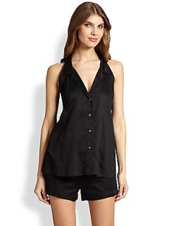 Donna Karan Cotton Sleeveless Shirt Pajama Set   Black