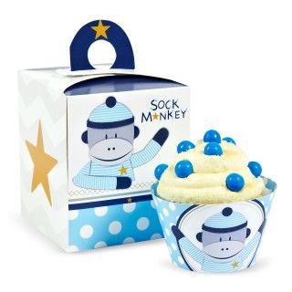 Sock Monkey Blue Cupcake Boxes and Cupcake Wrappers (12 each)
