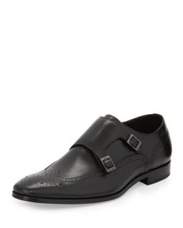 Maxo Leather Wing Tip Monk Strap Shoes, Black
