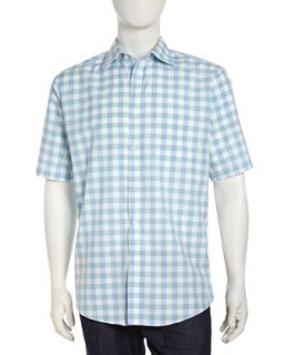 Classic Fit Non Iron Short Sleeve Check Shirt, Blue/Green