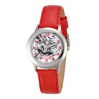 MARVEL Spider Man Kids Red Leather & Silver Tone Watch, Boys