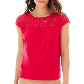 St. Johns Bay Short Sleeve Lace Banded Bottom Tee, Bright Rose, Womens