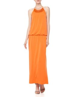 Crochet Neck Halter Maxi Dress, Pop Orange