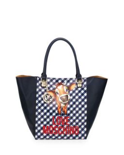 Cow Gingham Print Faux Leather Tote Bag, Blue