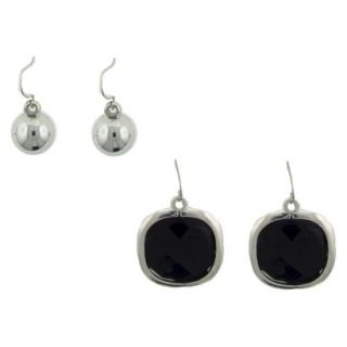 Duo Earring Set with Drop Bead and Drop Square Stone   Silver/Black