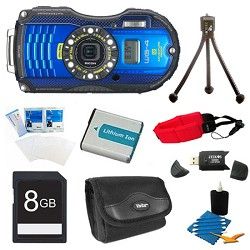 Ricoh WG 4 GPS 16MP HD 1080p Waterproof Digital Camera Blue 8GB Kit