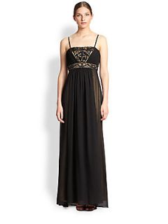 Sue Wong Beaded Empire Chiffon Gown   Black Nude
