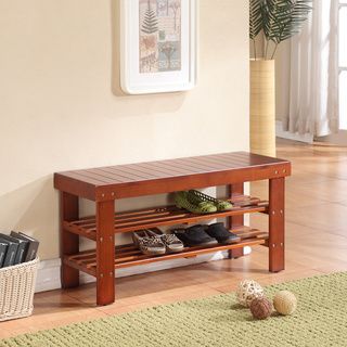 Light Brown Finish Solid Wood Storage Bench